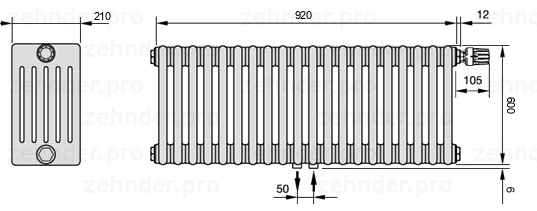 Схема (чертеж) Радиатор Zehnder Charleston 6060/20 №V008 Белый глянцевый RAL 9016